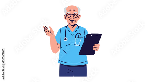 Professional Doctor Consultation: An experienced doctor with a stethoscope, holding a clipboard, gestures with empathy.