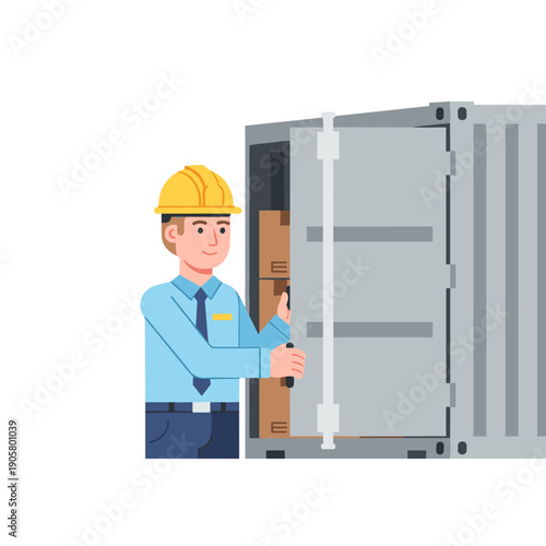 Male cargo inspector opening freight container with boxes inside  
