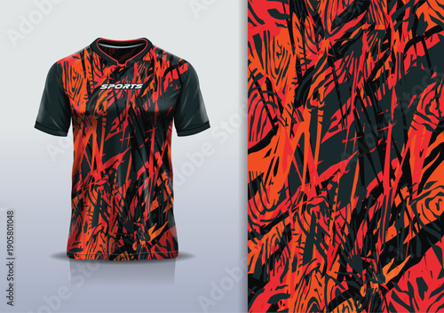 T-shirt mockup abstract texture grunge sport jersey design for football, soccer, racing, esports, running, red black orange color
