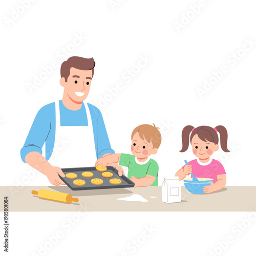 Dad baking cookies with kids in bright kitchen and smiling happily  