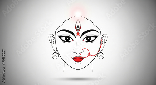Expressive Maa Durga face illustration with sacred third eye calm divine gaze and minimal line art style created for Navratri Chaitra Navratri spiritual design use