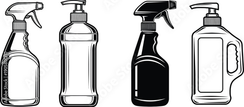 Four different spray bottles showcasing various shapes and designs for household use