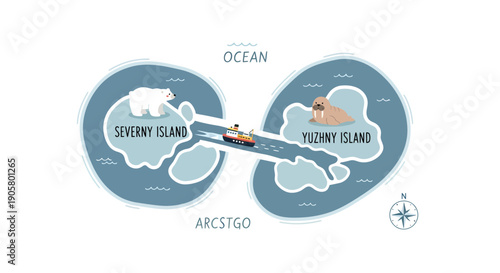 Cartoon Arctic map showing Severny and Yuzhny Islands connected by waterway  with fauna
