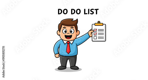 Cartoon businessman showing a completed checklist, time management and productivity illustration,