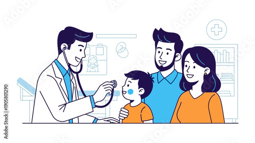 Child's Checkup: In a comforting medical setting, a kind doctor examines a child while the parents provide support, demonstrating trust, care and wellness.