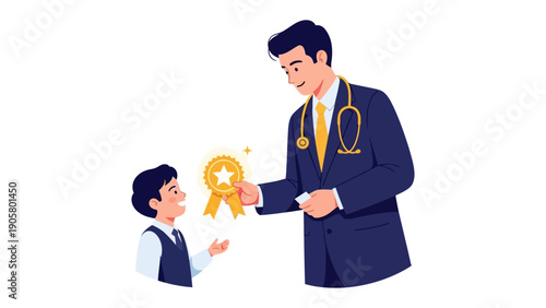 Medical Appreciation: A kind doctor bestows a golden star-shaped award upon a young patient. This scene of healthcare generosity evokes feelings of compassion and recognition.