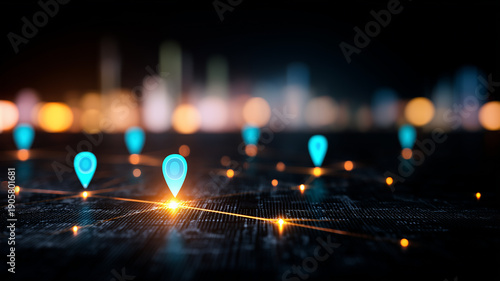 Glowing location markers on digital map grid representing geolocation services and network coverage.
