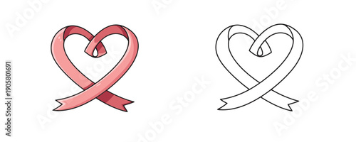 Pink ribbon tied in heart shape with line art version on white background simple cartoon style for decorative design and romantic greeting cards or awareness campaigns