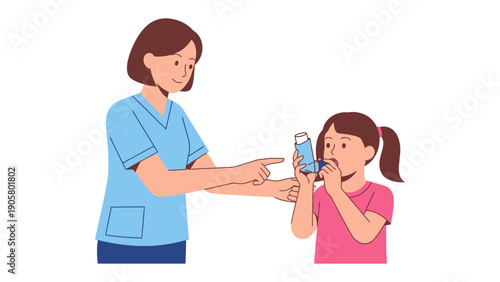 Healthcare Education: A healthcare professional guides a young patient, demonstrating the proper use of an inhaler, promoting respiratory health awareness and management.