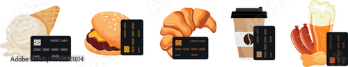 set of various food with a bank credit card on the side, meaning paying for a product with a bank card, for stickers, social media or other designs
