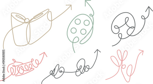 set of colored icons drawn in line art style that form various objects that denote various hobbies, for diagrams, navigation, presentations or creative design