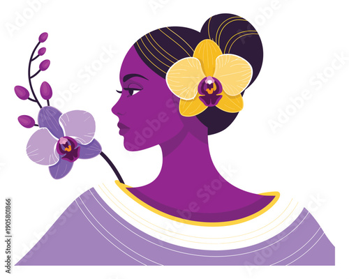 Elegant woman in profile with purple skin tone, adorned with vibrant orchids in her hair, symbolizing beauty, grace, and exoticism