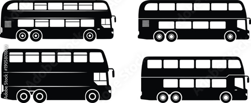 Four different types of double-decker buses in a line-up illustration