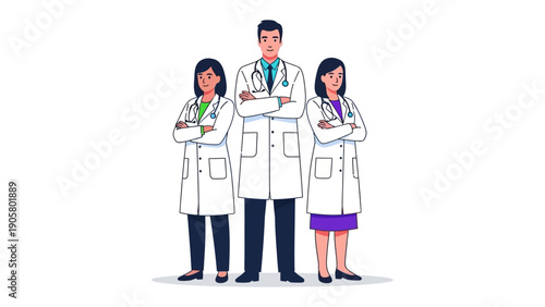 Team of Medical Professionals: A confident team of doctors stands together, showcasing their dedication to care, wearing their lab coats and stethoscopes, ready to provide medical care.