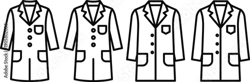 Four distinct lab coats with varying pocket and button configurations