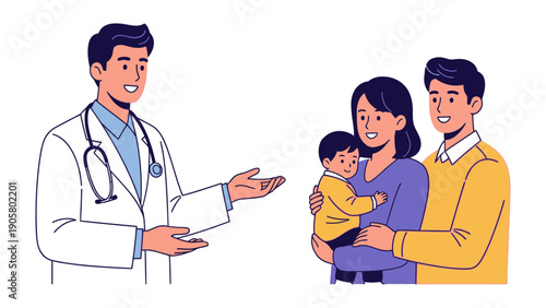 Consultation in Care: A doctor in a white coat gestures with an open hand, engaging in a consultation with a smiling family, nurturing their health.