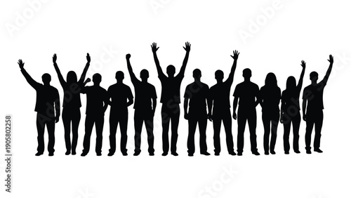 A diverse group of people cheering and celebrating together in silhouette Vector