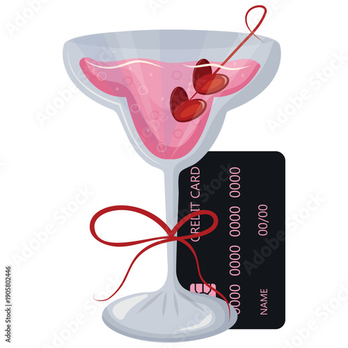 icon of a martini glass with a bank credit card on the side, meaning payment for a product with a bank card, for stickers, social media or other designs