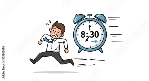 Cartoon of a late businessman dashing past a speeding alarm clock illustration