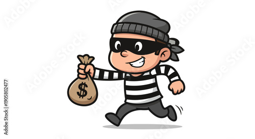 Cartoon Money Bandit Character with Smiling Face Carrying a Sack Full of Money