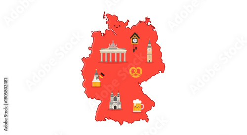 Cartoon map of Germany showcasing iconic landmarks and symbols offering a whimsical view