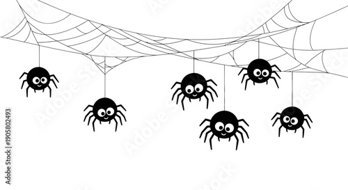 Cartoon Spiders Hanging from Web: A whimsical illustration of halloween arachnids and festive webs