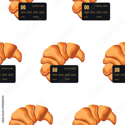 pattern with baked French croissants, with a bank credit card on the side, meaning paying for the product with a bank card, for stickers, social media or other designs