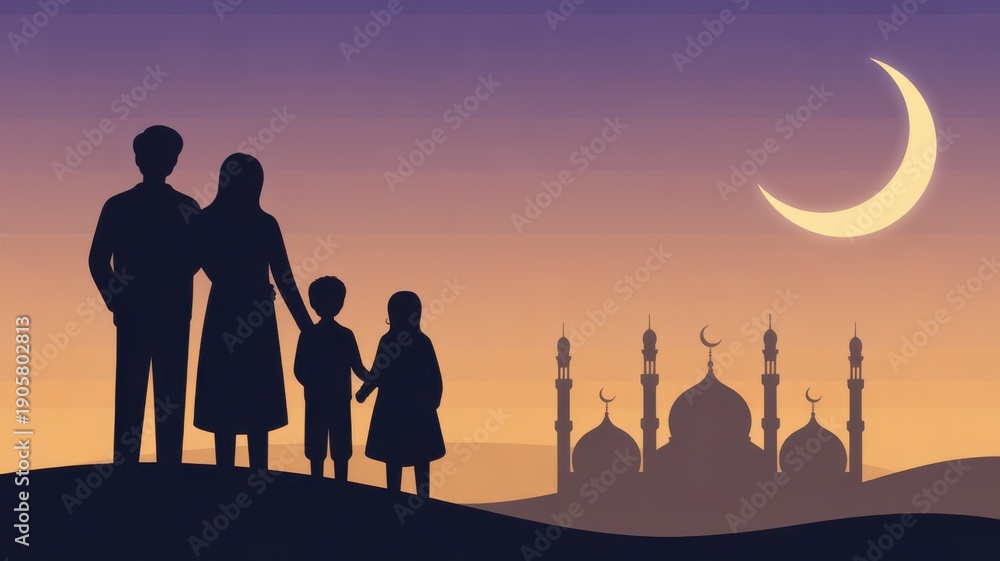 Fototapeta premium Silhouette family watching crescent moon rise over mosque during dusk, symbolizing Ramadan