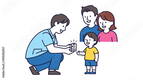 Illustration of the Moment: A medical professional extends a tiny camera to a young boy while the boy's parents look on. Captured in a heartwarming illustrative style.