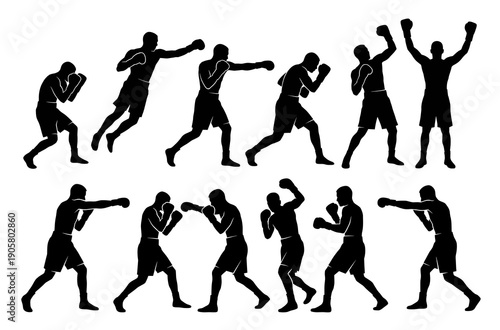 Collection of black boxer silhouettes showing athletes in different fighting positions like jabbing hooking blocking and celebrating after winning