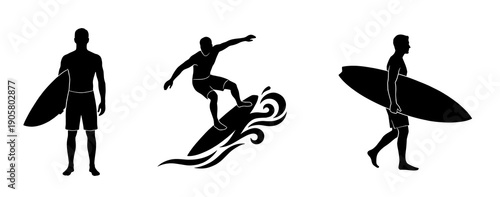 Collection of black surfer silhouettes including a man riding a wave and others carrying surfboards for ocean lifestyle graphics