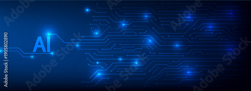 Banner abstract AI digital technology background with glowing blue circuit connection line. Futuristic data flow, cybersecurity, artificial intelligence, blockchain big data, Vector illustration
