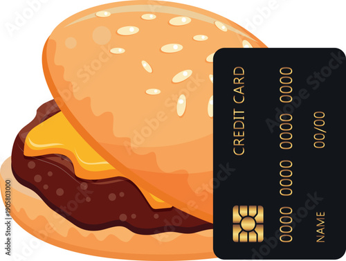 burger or cheeseburger icon, with a bank credit card on the side, meaning paying for the product with a bank card, for stickers, social media or other designs