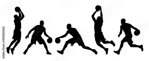 Collection of five black basketball player silhouettes performing athletic movements like dribbling the ball shooting and jumping for hoops