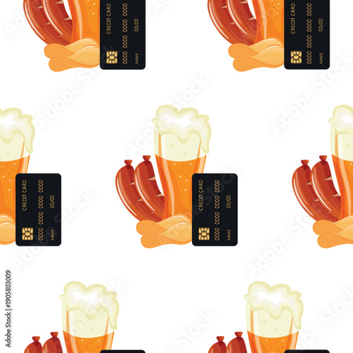pattern with beer with various beer snacks with a bank credit card on the side, meaning paying for a product with a bank card, for stickers, social media or other designs