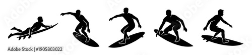 Collection of five black surfer silhouettes in various action poses including paddling and standing on boards for ocean activities