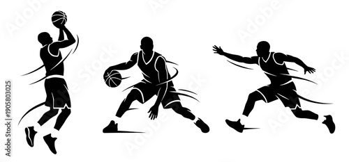 Collection of three black basketball player silhouettes performing various actions including shooting a jump shot dribbling and running fast