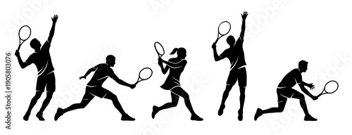 Collection of black silhouettes featuring male and female tennis players performing various athletic movements like serving and hitting balls