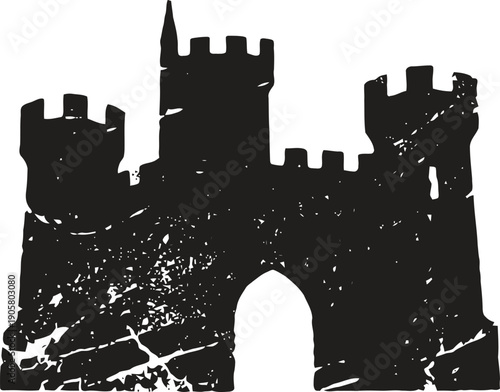 Medieval castle silhouette with battlements and arched entrance in black distressed