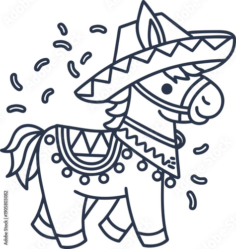 Cute pinata donkey wearing sombrero and decorated with tassels with flying confetti