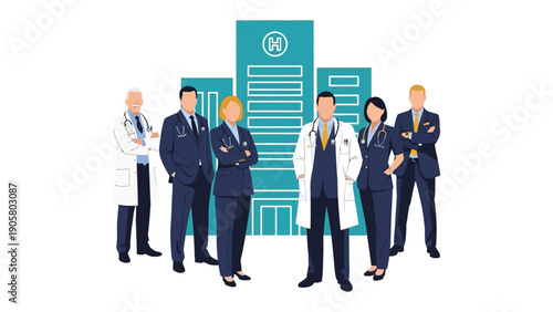 Healthcare Heroes: A team of dedicated medical professionals, standing confidently in front of a modern hospital, embodying expertise and compassion.