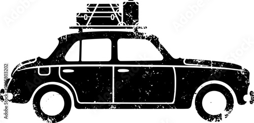 Vintage distressed black taxi silhouette with luggage on roof, retro classic car illustration