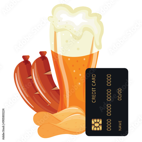 beer icon with various beer snacks with a bank credit card on the side, meaning paying for a product with a bank card, for stickers, social media or other designs