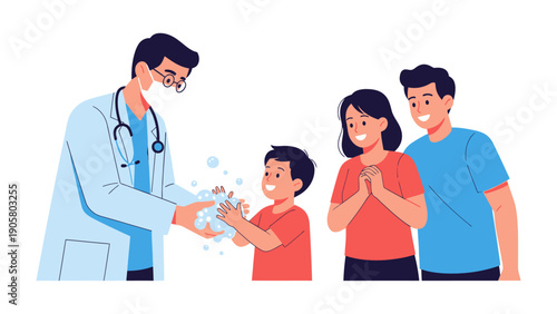 Clean Hands, Healthy Family: A compassionate physician guides a young boy in proper handwashing, with the supportive parents looking on, showcasing a commitment to health.
