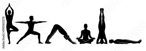 A collection of human silhouettes performing different yoga exercises and meditation positions for health wellness fitness and physical activity