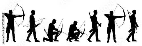 Collection of black silhouettes featuring male archers in various active poses including aiming shooting kneeling and walking with equipment