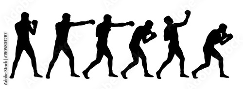 A collection of black silhouettes depicting a male boxer performing different punches and defensive moves during professional workout sessions