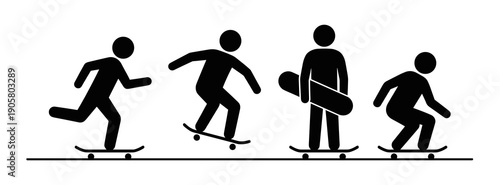A collection of black silhouette stick figures performing different skateboarding actions including jumping pushing and standing with a board