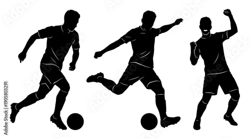 Collection of three black silhouettes featuring professional football players in action including dribbling the ball kicking and celebrating success