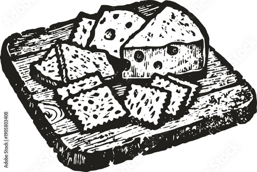 Cheese and crackers on wooden board hand drawn dairy snack with cheese wedges and crisp crackers
